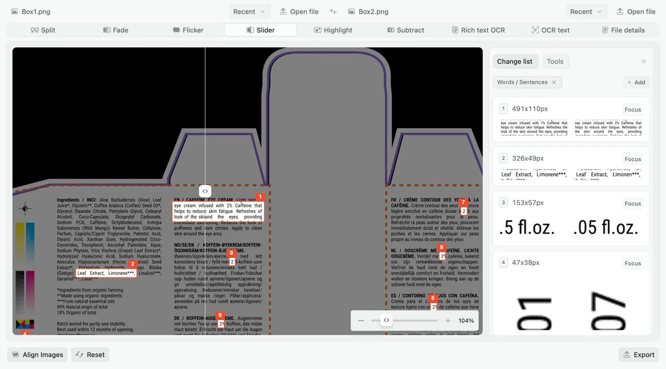 Two images compared with a draggable slider between them
